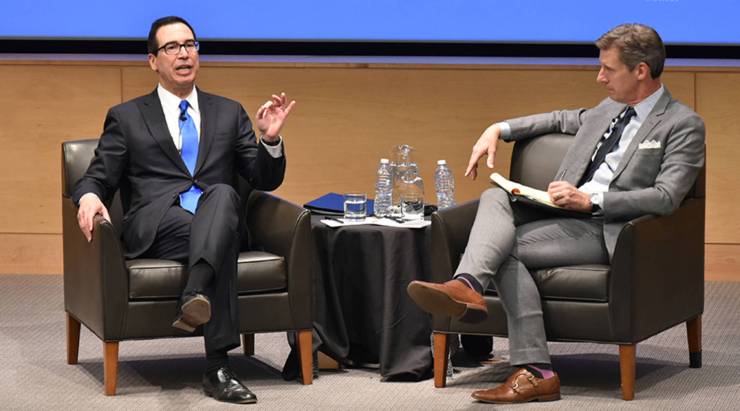 After a short lecture, Treasury Secretary Steven Mnuchin spoke with Marketplace host Kai Ryssdal at the UCLA Burkle Center for International Relations in Los Angeles. 