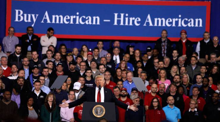 President Donald Trump speaks to autoworkers at the American Center for Mobility in 2017 in Ypsilanti, Michigan.
