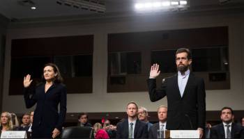 Facebook chief operating officer Sheryl Sandberg and Twitter chief executive officer Jack Dorsey are sworn-in for a Senate Intelligence Committee hearing concerning foreign influence operations' use of social media platforms, on Capitol Hill, Sept. 5, 2018 in Washington, DC. 