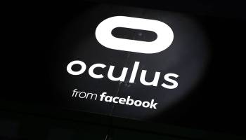 The Oculus logo is displayed at Facebook's F8 Developer Conference on April 18, 2017 in San Jose, California.