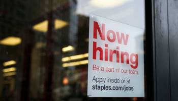 NEW YORK, NY - JANUARY 4: A 'now hiring' sign hangs on the door of a Staples store in Lower Manhattan, January 4, 2019 in New York City. Following a strong December jobs report, U.S. stocks soared on Friday. In a television interview on Friday morning, National Economic Council Director Larry Kudlow said he believes there is 'no recession in sight.' (Photo by Drew Angerer/Getty Images)