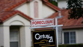 ANTIOCH, CA - OCTOBER 15: A for sale sign is seen in front of a foreclosed home October15, 2007 in Antioch, California. The San Francisco Bay Area zip code 94531, Antioch, California, has experienced a spike in home foreclosures with a reported 271 homes repossessed between January and August of this year. Antioch has also seen the biggest decline in home prices since May of this year with prices dropping 15 percent. California ranks third behind Ohio and Michigan in foreclosures. (Photo by Justin Sullivan/Getty Images)