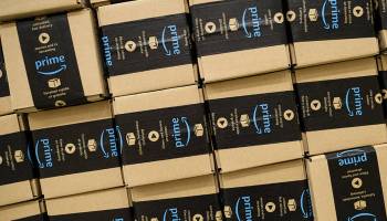 A close-up of Amazon Prime packages.
