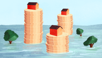 An illustration of houses lifted above flooding waters on a tower of gold coins