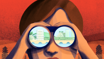 An illustration of a seaside landscape, reflected in binoculars held up to someone's eyes
