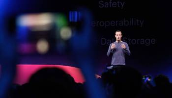 Facebook CEO Mark Zuckerberg introduces new Facebook Messenger, WhatsApp and Instagram privacy features at the F8 developer’s conference in San Jose, California, on April 30.