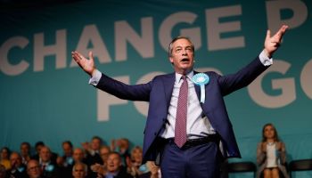 Brexit Party leader Nigel Farage addresses a European Parliament election campaign rally at Olympia London, west London, on May 21.