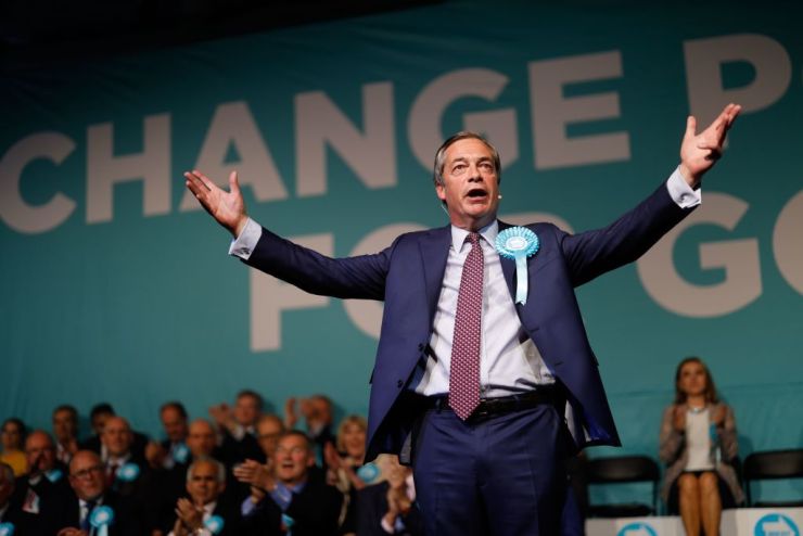Brexit Party leader Nigel Farage addresses a European Parliament election campaign rally at Olympia London, west London, on May 21.