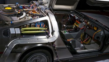 A detail of the "Back to the Future" time machine during the opening of the new exhibit "Hollywood Dream Machines: Vehicles of Science Fiction and Fantasy" at the Petersen Automotive Museum on May 4 in Los Angeles.