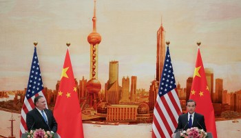 Chinese Foreign Minister Wang Yi speaks during a press conference with U.S. Secretary of State Mike Pompeo at the Great Hall of the People on June 14, 2018 in Beijing, China.