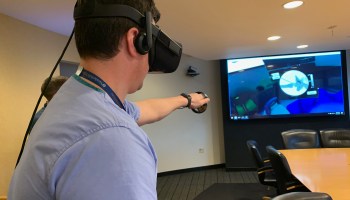 In a simulated exercise, third-year orthopedic surgery resident J.P. Wanner practices making repairs to a dislocated hip on Osso VR's virtual reality platform. Vanderbilt University Medical Center is among a dozen institutions test piloting the technology.