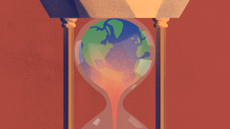 An illustration of an hourglass, with the Earth on top, slowly turning to sand.