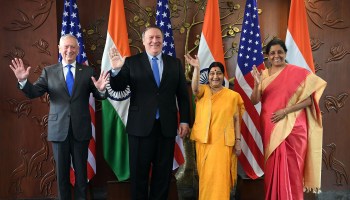 From left, then-U.S. Secretary of Defense Jim Mattis and U.S. Secretary of State Mike Pompeo pose with Indian Foreign Minister Sushma Swaraj and Indian Defense Minister Nirmala Sitharaman in New Delhi in 2018. Pompeo visits India next week.