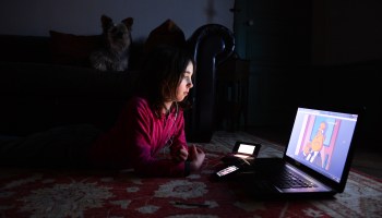 A girl watches a video on youtube on a computer on February 27, 2013 in Chisseaux near Tours, central France.