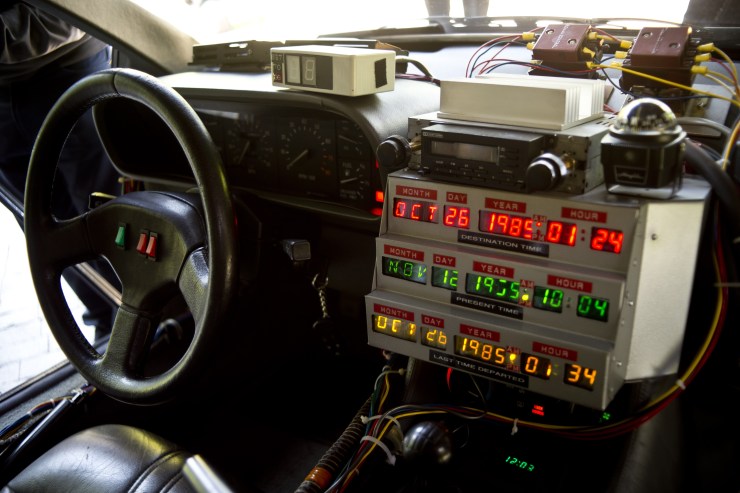 Picture taken inside a replica of the DeLorean, a time-machine vehicle which appeared in the movie " Back to the Future."