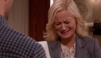 A screenshot of Leslie Knope crying in an episode of "Parks and Recreation"