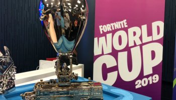 The prize trophy for the Fortnite World Cup on display