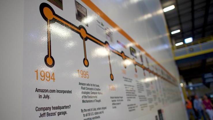 An Amazon company timeline starts with the founding in 1994 at the Amazon Fulfillment Center on August 1, 2017 in Robbinsville, New Jersey.