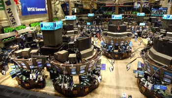 An empty trading floor at the New York Stock Exchange.