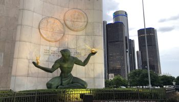 "The Spirit of Detroit" monument sits downtown. In the background is the Renaissance Center, where GM is headquartered.