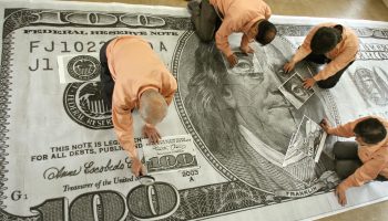 Workers inspect a blown-up image of a counterfeit hundred-dollar bill.