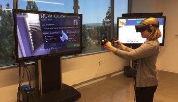 At Farmers Insurance in Los Angeles, Jessica DeCanio demonstrates how claims adjusters use virtual reality to train for the field.