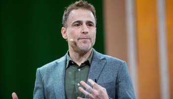 Slack CEO Stewart Butterfield speaks at his company's Frontiers conference in San Francisco in April.