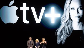 Actors Steve Carell, Reese Witherspoon and Jennifer Aniston speak during an event launching Apple TV+ at Apple headquarters in Cupertino, California, on March 25.
