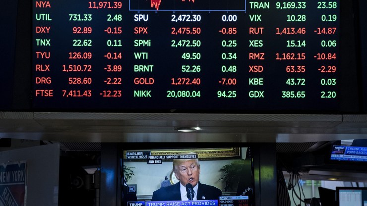 A television monitor on the floor of the New York Stock Exchange shows President Donald Trump in 2017.