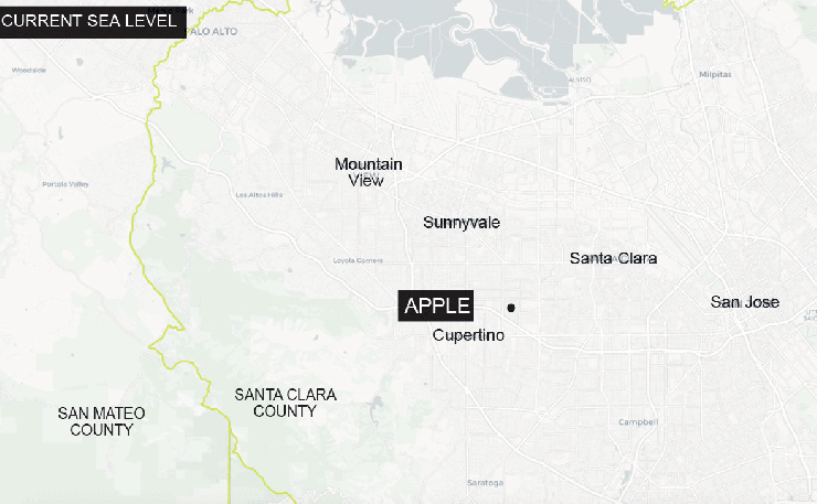 In this graphic showing projected sea level rise, flooding still stays far from Apple's corporate campus in Cupertino, California, even with 4.3 feet of sea level rise.