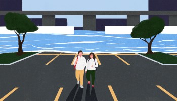 An illustration of water flooding a parking lot, as two people walk away from the water