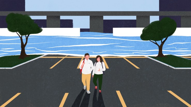 An illustration of water flooding a parking lot, as two people walk away from the water