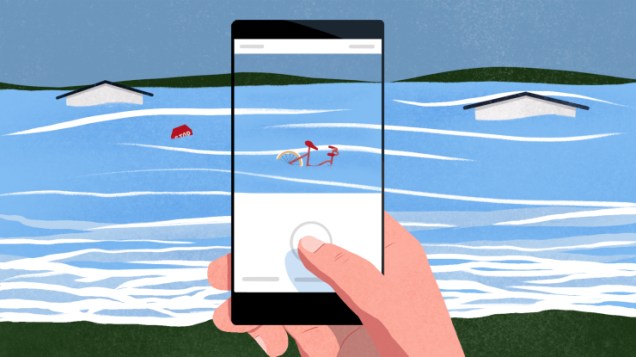 An illustration of a flooding landscape, through the view of a smartphone camera
