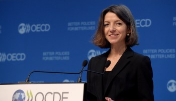 Laurence Boone, chief economist of the Organization for Economic Cooperation and Development, presents the OECD interim economic outlook in Paris in 2018.