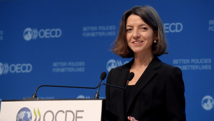 Laurence Boone, chief economist of the Organization for Economic Cooperation and Development, presents the OECD interim economic outlook in Paris in 2018.