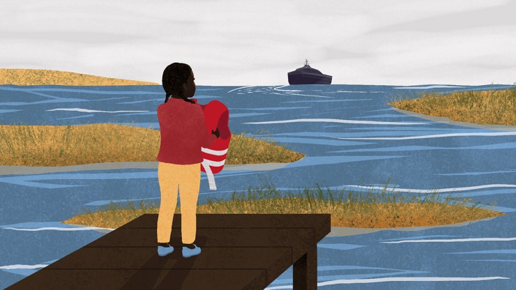 A Black girl stands on a dock, holding up a life jacket, as a boat sails into the distance