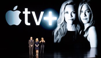 Actors Steve Carell, Reese Witherspoon and Jennifer Aniston speak during an event launching Apple TV Plus in Cupertino, California, earlier this year.