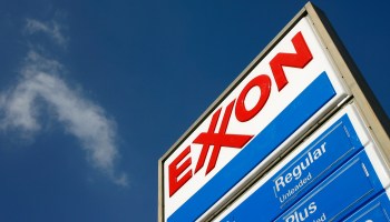 The oil and gas giant is on trial for committing fraud over climate change risk. Above, an Exxon gas station in Burbank, California.
