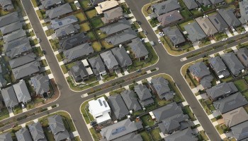 An aerial view of a suburban neighborhood.