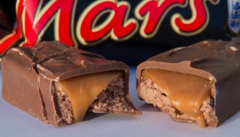 A Mars candy bar cut in half.