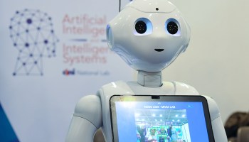 A robot from the Artificial Intelligence and Intelligent Systems laboratory of Italy's National Interuniversity Consortium for Computer Science is displayed at the Maker Faire 2019 in Rome in October.