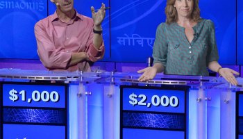 A crudely Photoshopped illustration of Kai and Molly on the "Jeopardy!" stage