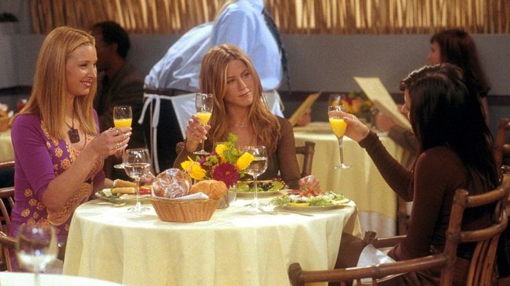 From l-r: Lisa Kudrow (as Phoebe), Jennifer Aniston (as Rachel) and Courteney Cox (as Monica) in "Friends."