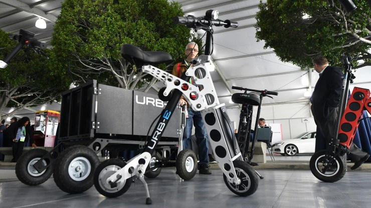An URB-E electric folding bicycle is on display