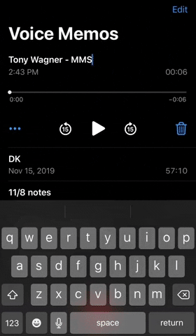 A gif demonstrating how to email a voice memo in iOS 13.