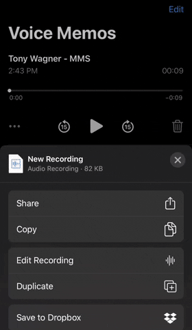 A gif demonstrating how to edit a voice memo in iOS 13.