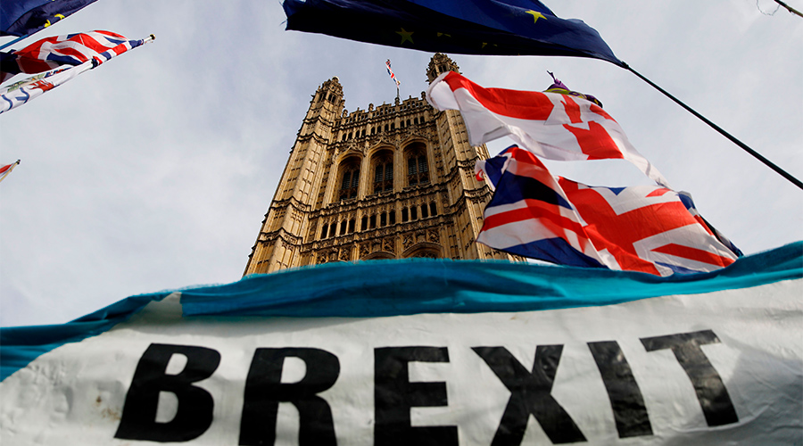 A pro-Brexit banner outside the Houses of Parliament in London on October 30 2019