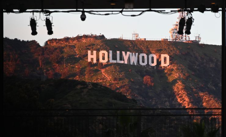 The Hollywood sign is seen from Hollywood Boulevard.