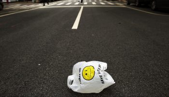 A plastic bag sits in a Manhattan street in New York City.