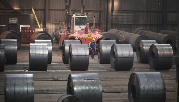 Steel coils produced at the NLMK Indiana mill are prepared for shipping in Portage, Indiana, in 2018.
